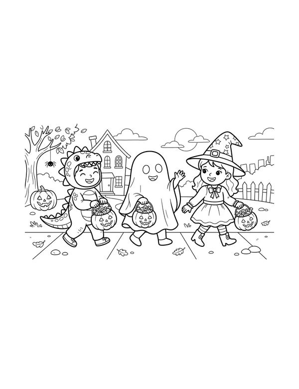 Trick-or-Treaters coloring page — free printable