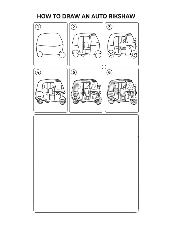 How to draw a Auto Rickshaw — free printable step-by-step sheet