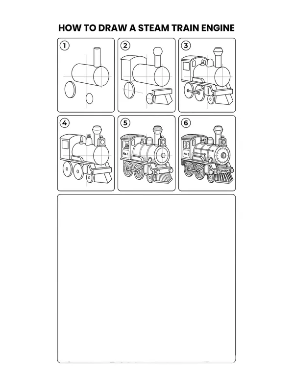 How to draw a Steam Engine — free printable step-by-step sheet