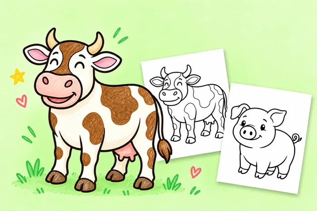 Farm animal coloring — a colored-in example and the printable sheets